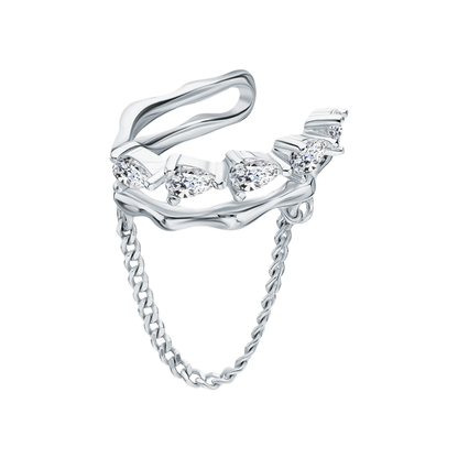 14k Gold Pear Diamond Chain Ear Cuff Earring, Dangling Chain Double Wrap Cuff. Cushionblue