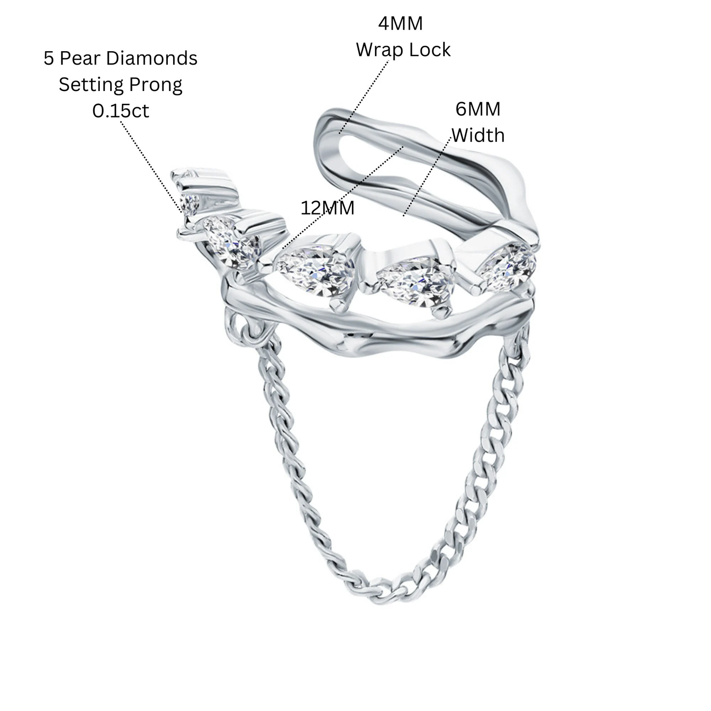 14k Gold Pear Diamond Chain Ear Cuff Earring, Dangling Chain Double Wrap Cuff. Cushionblue