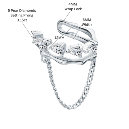 14k Gold Pear Diamond Chain Ear Cuff Earring, Dangling Chain Double Wrap Cuff. Cushionblue