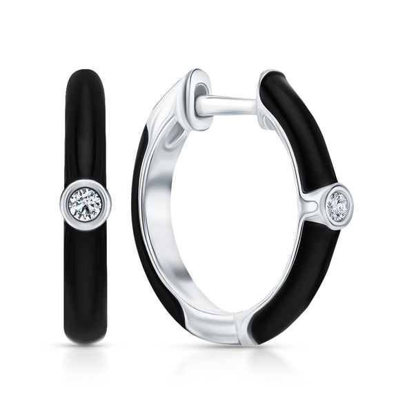 14K Gold Diamond Black Enamel Huggie Earrings | Bezel Set Solitaire Diamond Hoop | Elegant Gift for Her. Cushionblue