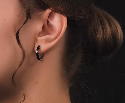 14K Gold Diamond Black Enamel Huggie Earrings | Bezel Set Solitaire Diamond Hoop | Elegant Gift for Her. Cushionblue