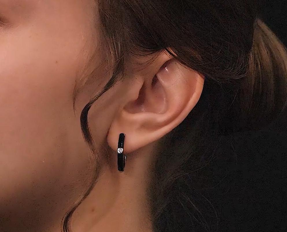 14K Gold Diamond Black Enamel Huggie Earrings | Bezel Set Solitaire Diamond Hoop | Elegant Gift for Her. Cushionblue