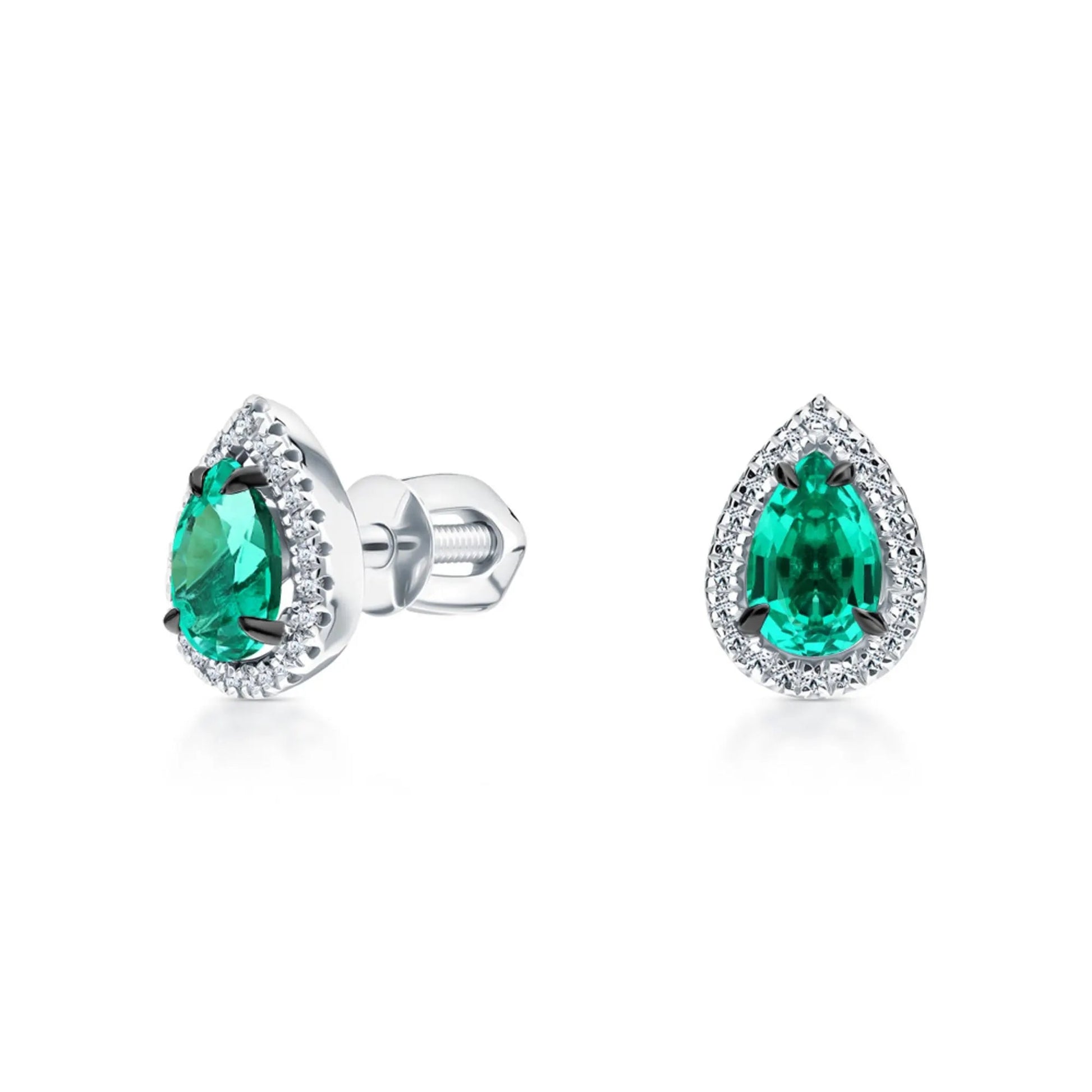 14k Gold Emerald Teardrop Stud Earrings | Pear Shape with Diamond Halo | Pave Diamond Teardrop Stud Gift for Women. Cushionblue