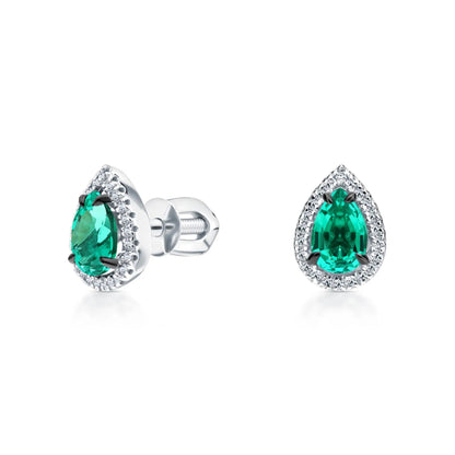 14k Gold Emerald Teardrop Stud Earrings | Pear Shape with Diamond Halo | Pave Diamond Teardrop Stud Gift for Women. Cushionblue
