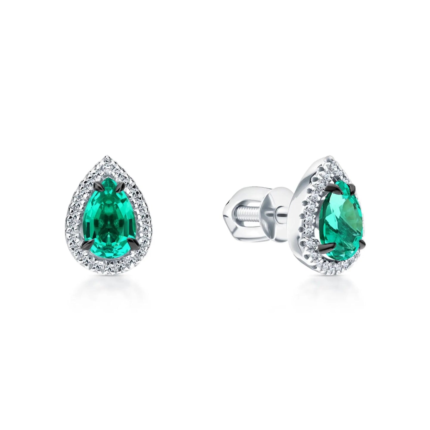 14k Gold Emerald Teardrop Stud Earrings | Pear Shape with Diamond Halo | Pave Diamond Teardrop Stud Gift for Women. Cushionblue