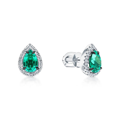 14k Gold Emerald Teardrop Stud Earrings | Pear Shape with Diamond Halo | Pave Diamond Teardrop Stud Gift for Women. Cushionblue