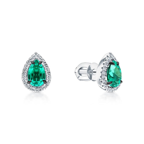 14k Gold Emerald Teardrop Stud Earrings | Pear Shape with Diamond Halo | Pave Diamond Teardrop Stud Gift for Women. Cushionblue