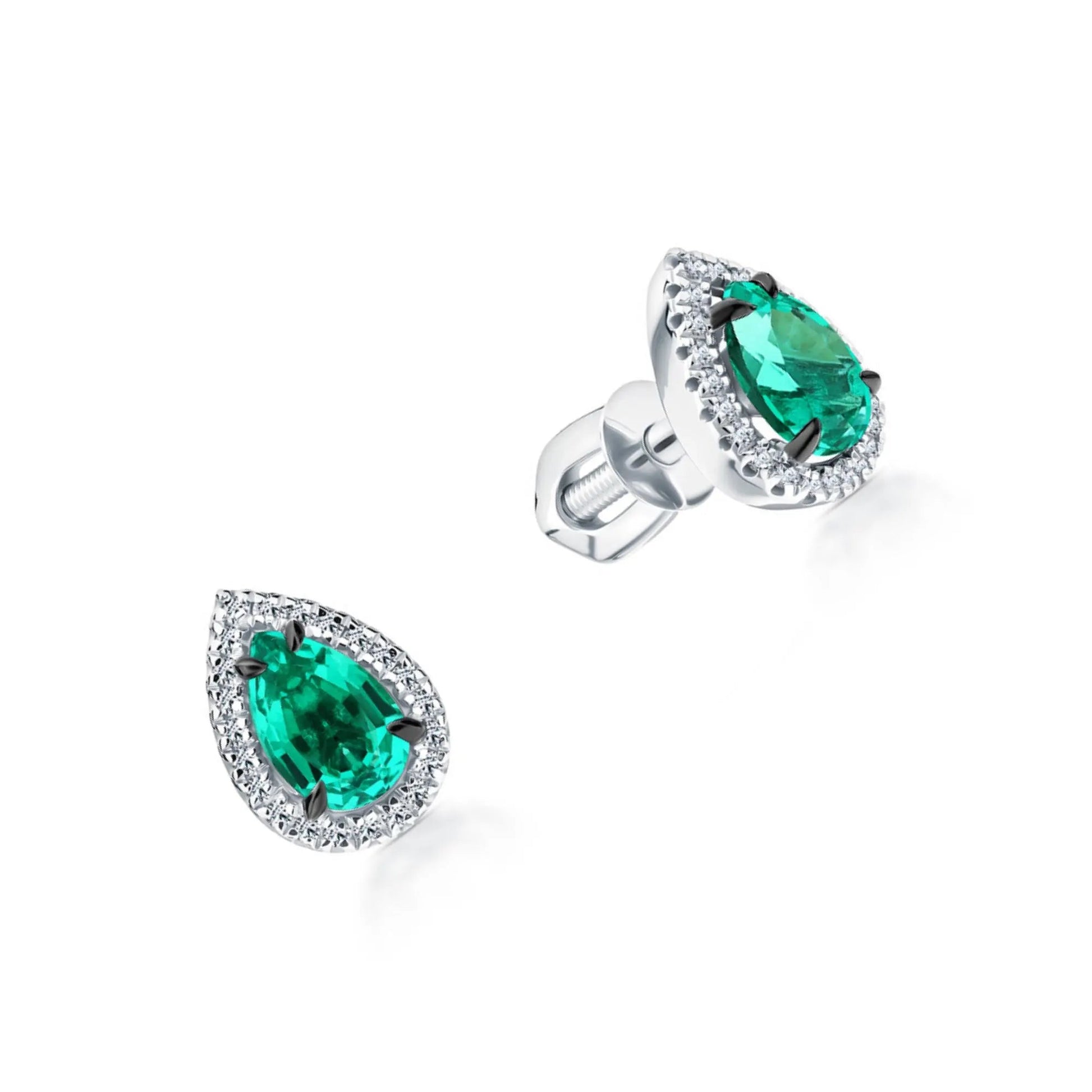 14k Gold Emerald Teardrop Stud Earrings | Pear Shape with Diamond Halo | Pave Diamond Teardrop Stud Gift for Women. Cushionblue