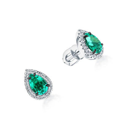 14k Gold Emerald Teardrop Stud Earrings | Pear Shape with Diamond Halo | Pave Diamond Teardrop Stud Gift for Women. Cushionblue
