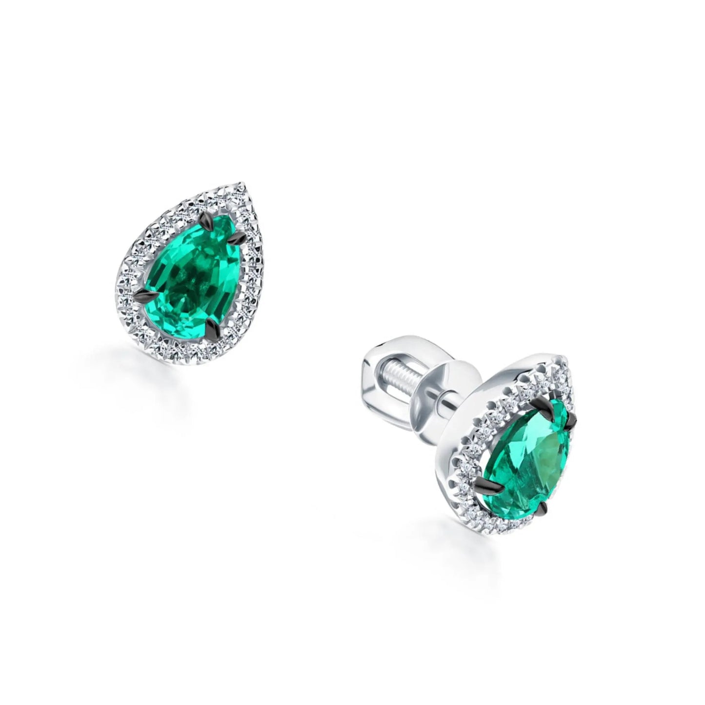 14k Gold Emerald Teardrop Stud Earrings | Pear Shape with Diamond Halo | Pave Diamond Teardrop Stud Gift for Women. Cushionblue