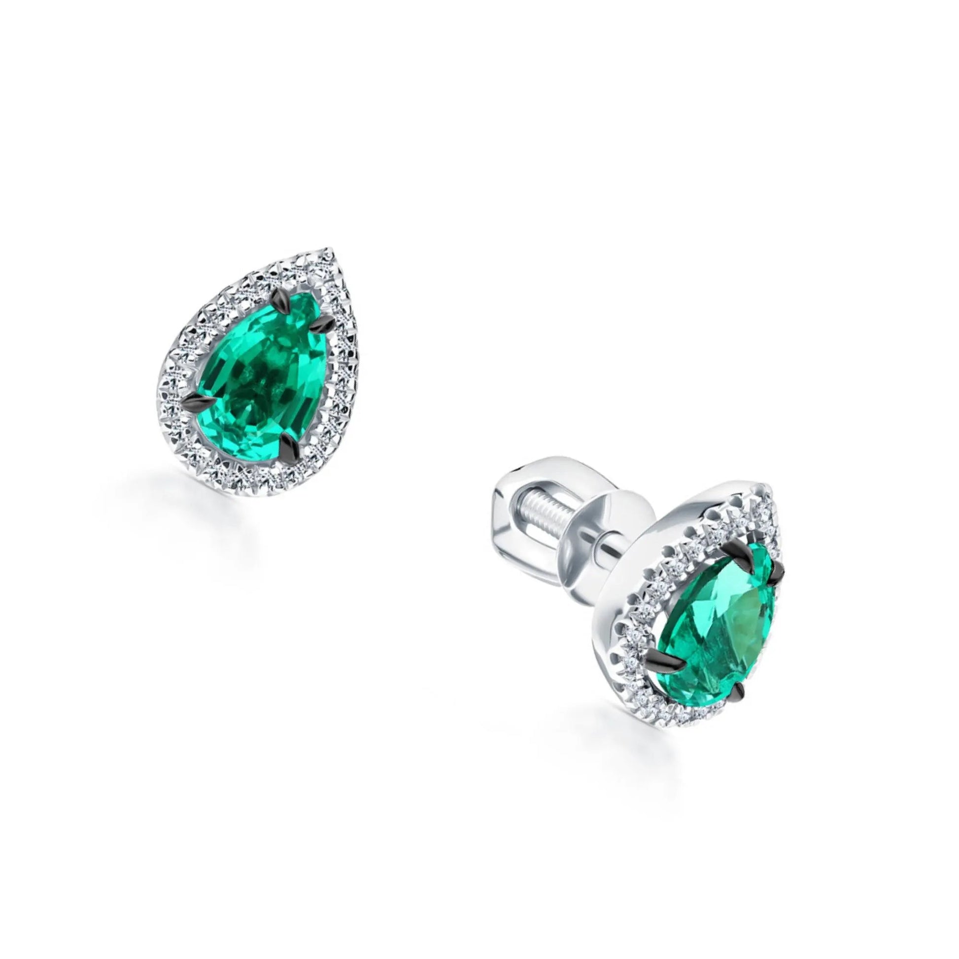 14k Gold Emerald Teardrop Stud Earrings | Pear Shape with Diamond Halo | Pave Diamond Teardrop Stud Gift for Women. Cushionblue
