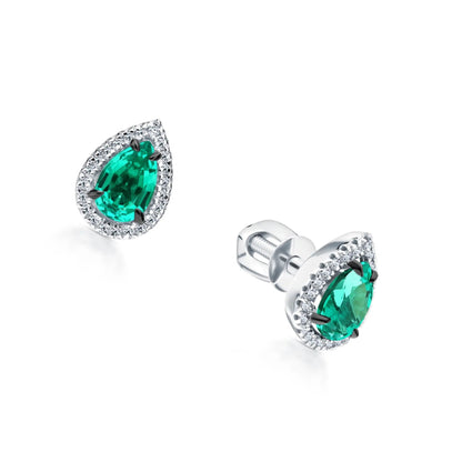 14k Gold Emerald Teardrop Stud Earrings | Pear Shape with Diamond Halo | Pave Diamond Teardrop Stud Gift for Women. Cushionblue