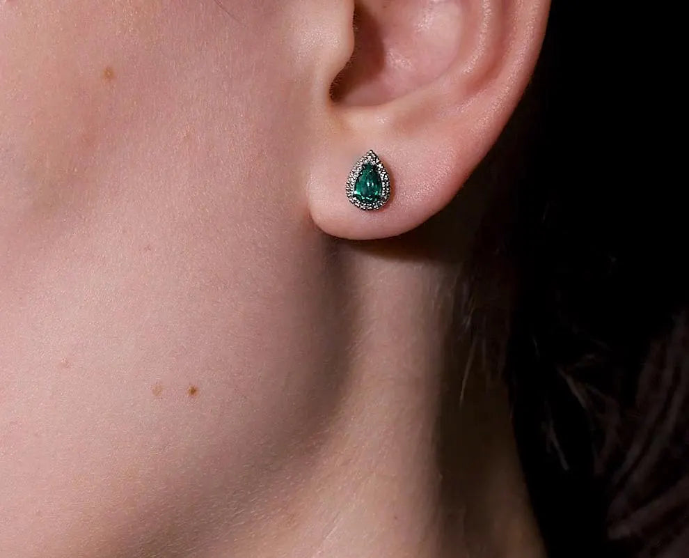 14k Gold Emerald Teardrop Stud Earrings | Pear Shape with Diamond Halo | Pave Diamond Teardrop Stud Gift for Women. Cushionblue
