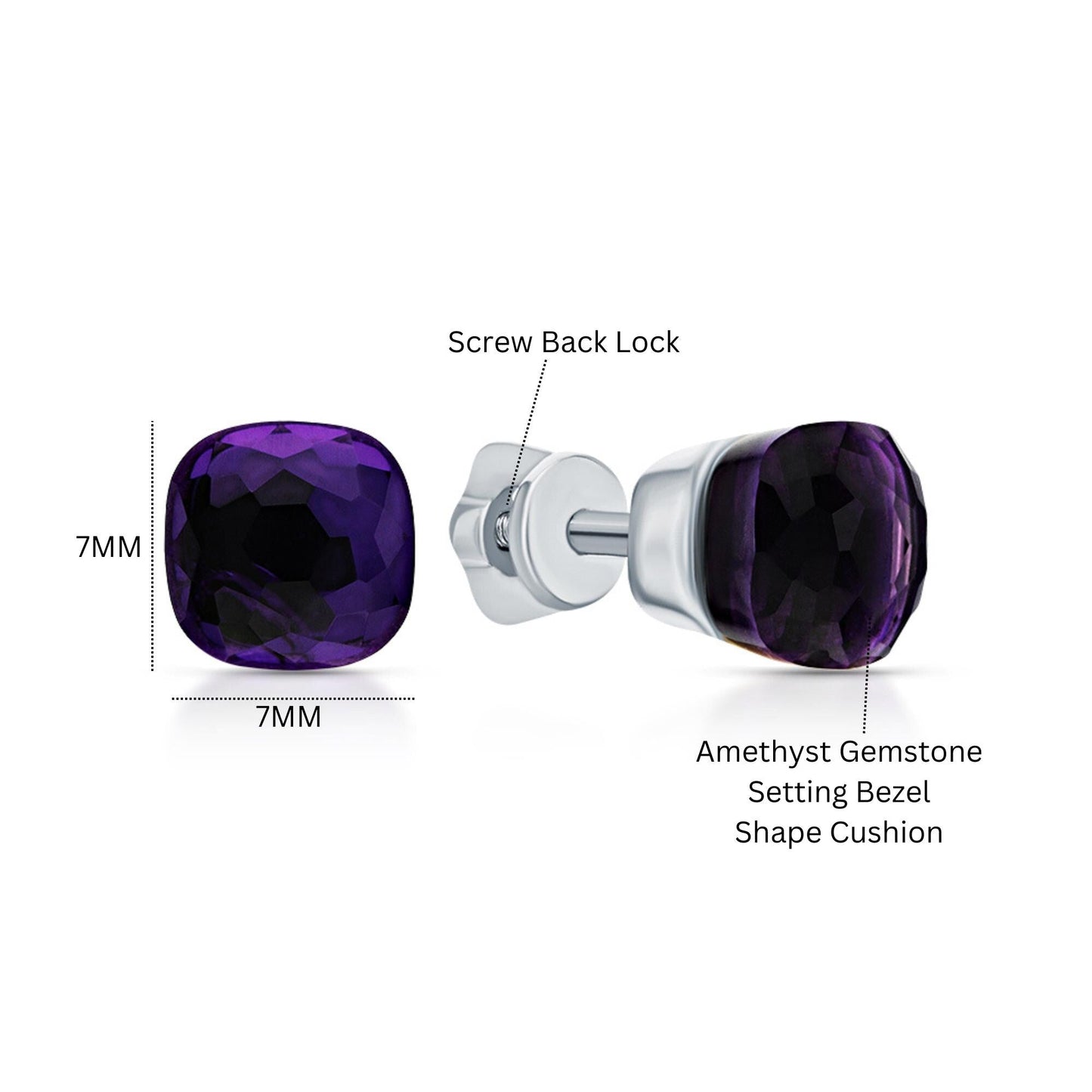 14k Gold Amethyst Cushion Cut Stud Earrings | Purple Bezel Gemstone Birthstone Jewelry Gift for Women. Cushionblue
