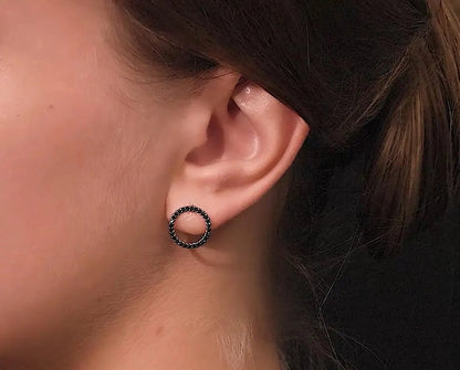 14k Gold Black Diamond Open Circle Stud Earring | Dainty Geometric Jewelry | Modern Gift for Her. Cushionblue