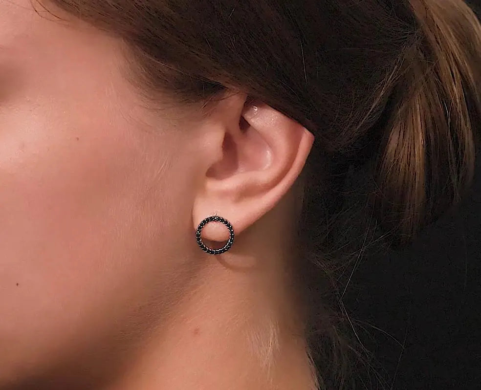 14k Gold Black Diamond Open Circle Stud Earring | Dainty Geometric Jewelry | Modern Gift for Her. Cushionblue