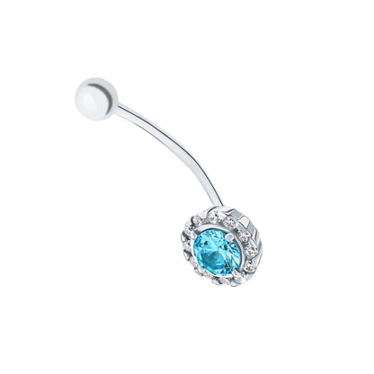 14k Gold Round Topaz Belly Button Ring | Diamond Curved Barbell | Pregnancy Safe Navel Jewelry Gift for Her cushionblue