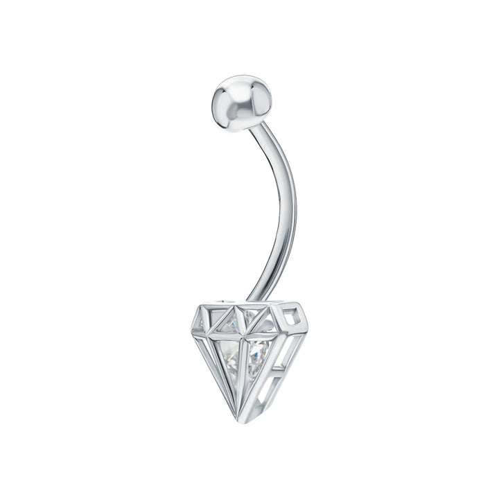 14K Gold Hollow Diamond Belly Ring | Geometric Navel Piercing |  Barbell Belly Button Ring | Geometric Barbell Belly Button Ring.