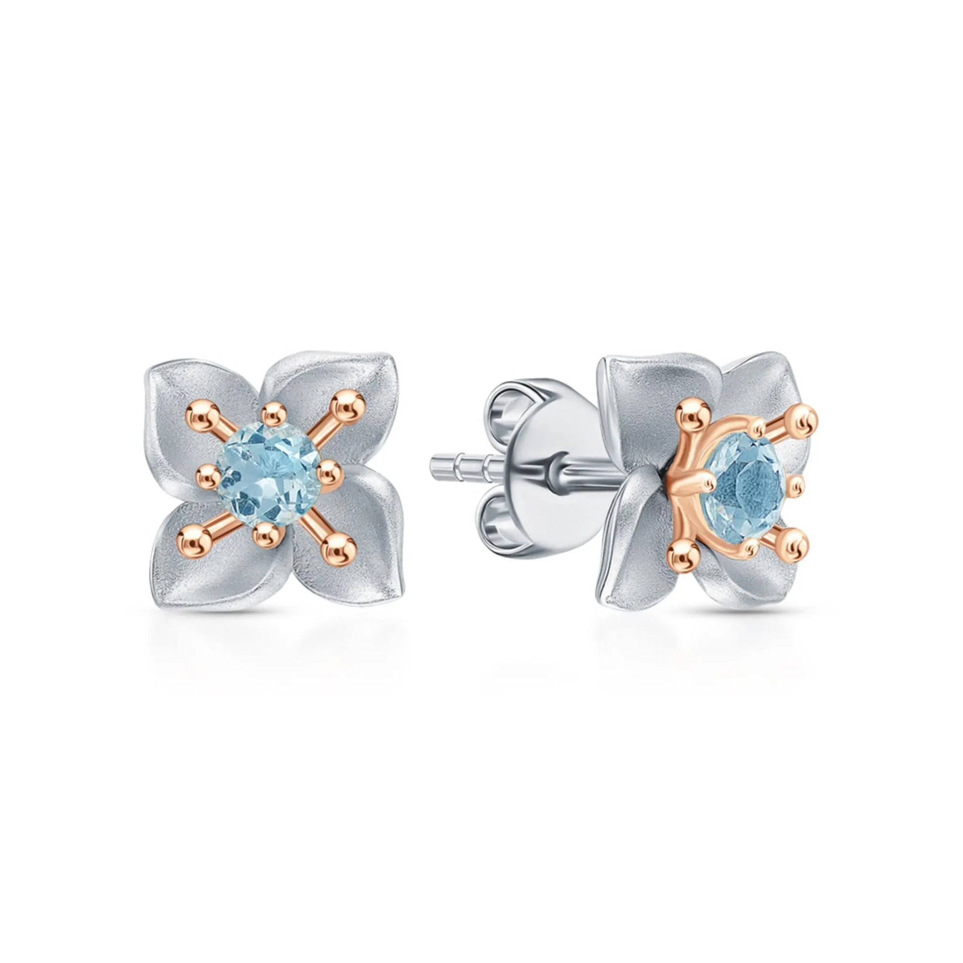 14k Gold Four Leaf Topaz Clover Stud Earrings | Flower Shaped Twinkle Studs | Gift for Women and Girls Cushionblue