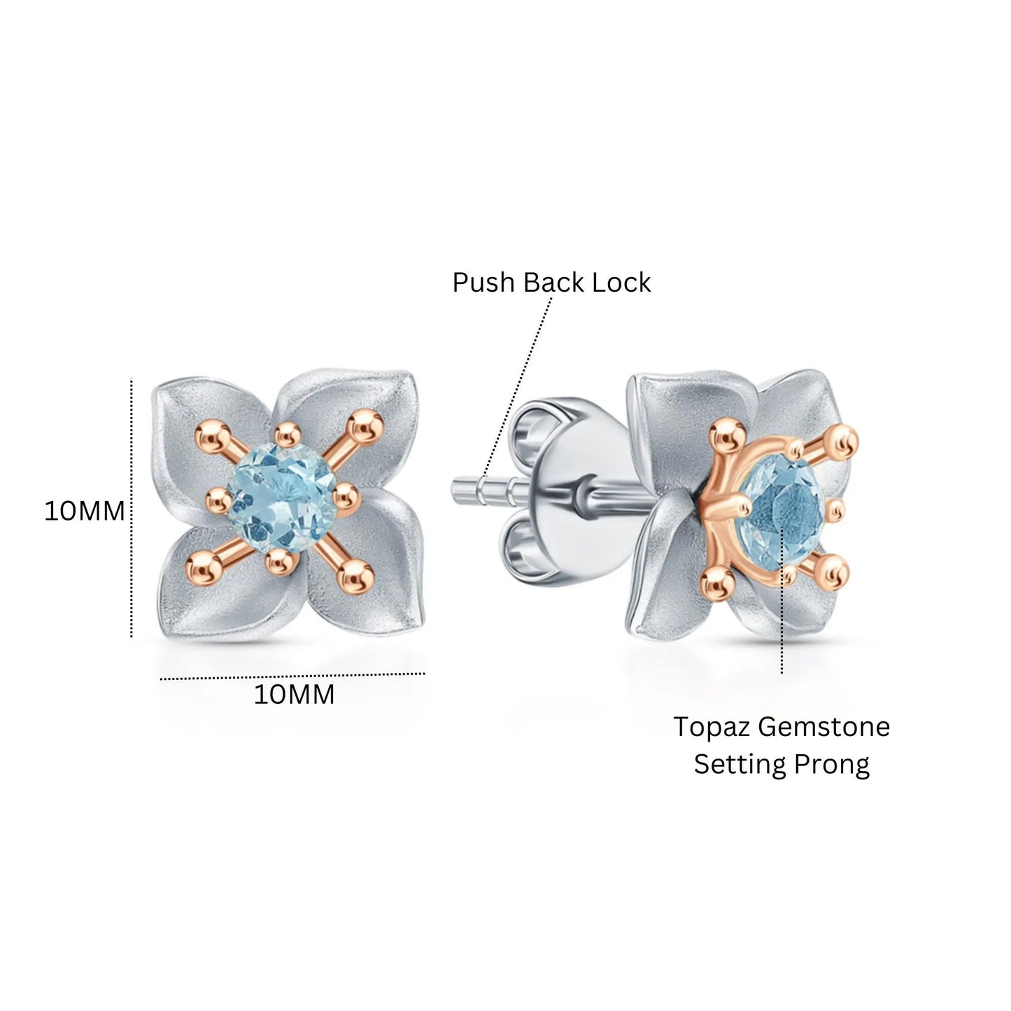 14k Gold Four Leaf Topaz Clover Stud Earrings | Flower Shaped Twinkle Studs | Gift for Women and Girls Cushionblue