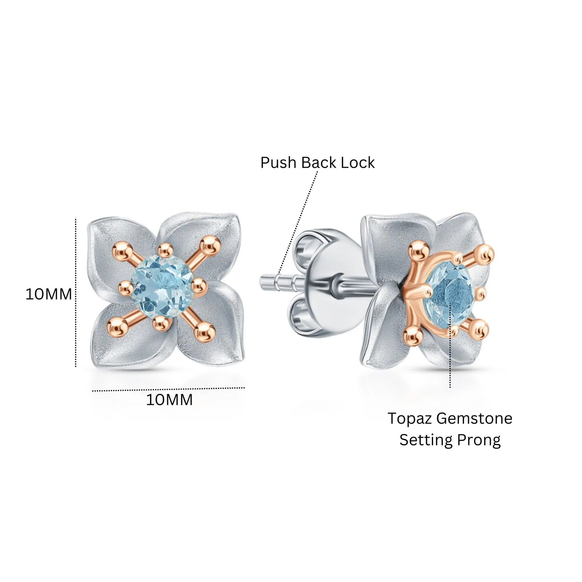 14k Gold Four Leaf Topaz Clover Stud Earrings | Flower Shaped Twinkle Studs | Gift for Women and Girls Cushionblue