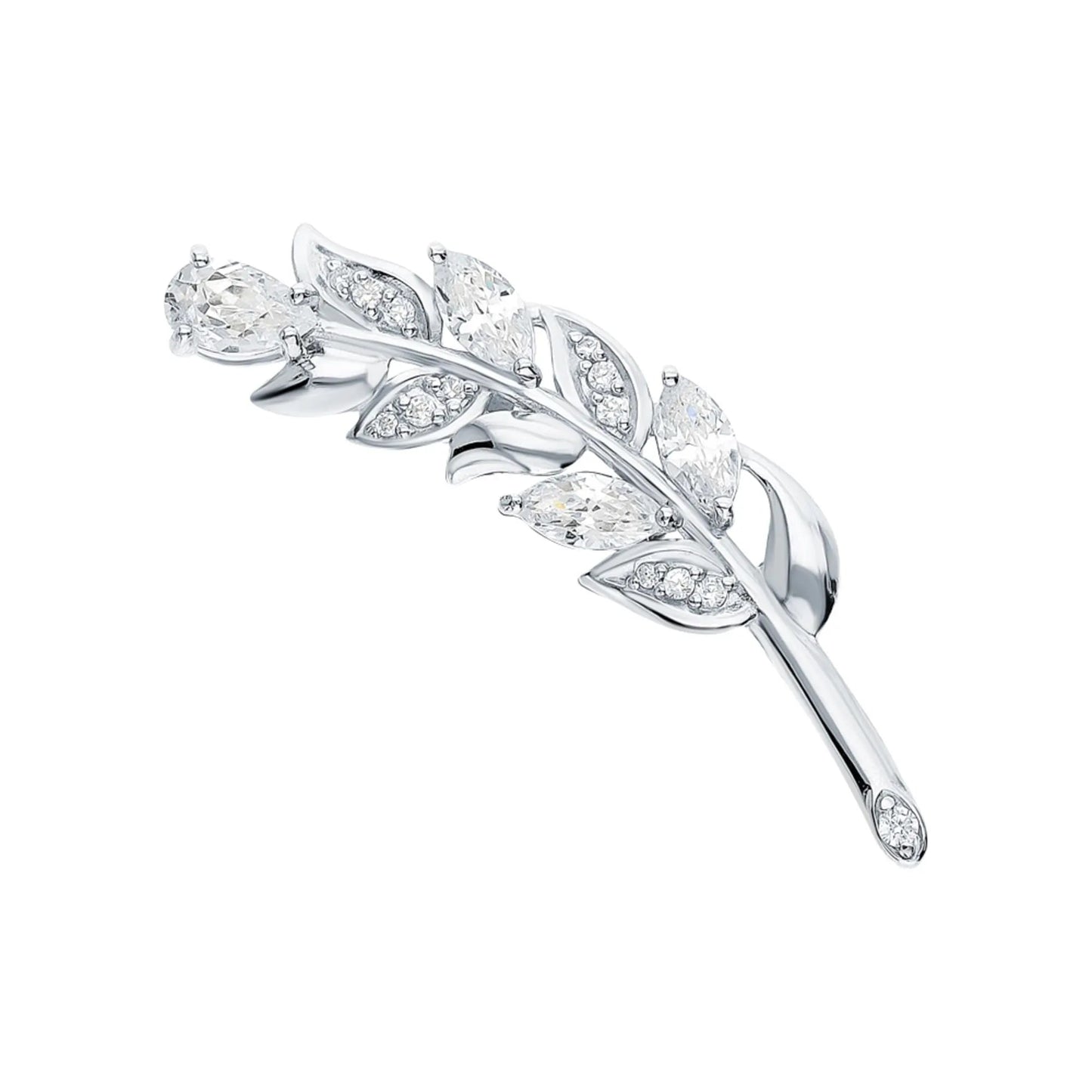 14k Gold Mixed Cut Diamond Leaf Brooch Pin | Bay Leaf Safety Brooch | Feather-Inspired Party Jewelry Gift for Her. Cushionblue