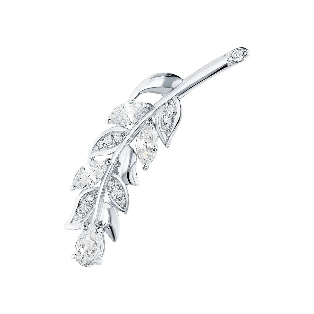 14k Gold Mixed Cut Diamond Leaf Brooch Pin | Bay Leaf Safety Brooch | Feather-Inspired Party Jewelry Gift for Her. Cushionblue