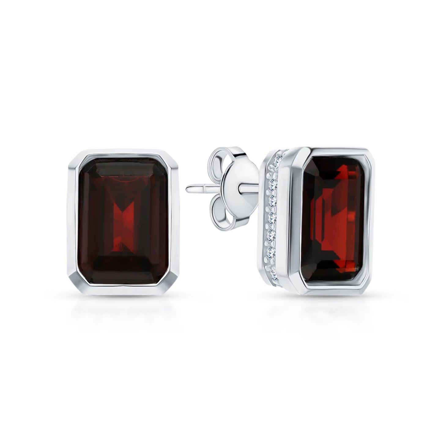 14K Gold Emerald Cut Garnet Stud Earrings | Dainty Red Gemstone Jewelry | Handmade January Birthstone Gift for Her. Cushionblue
