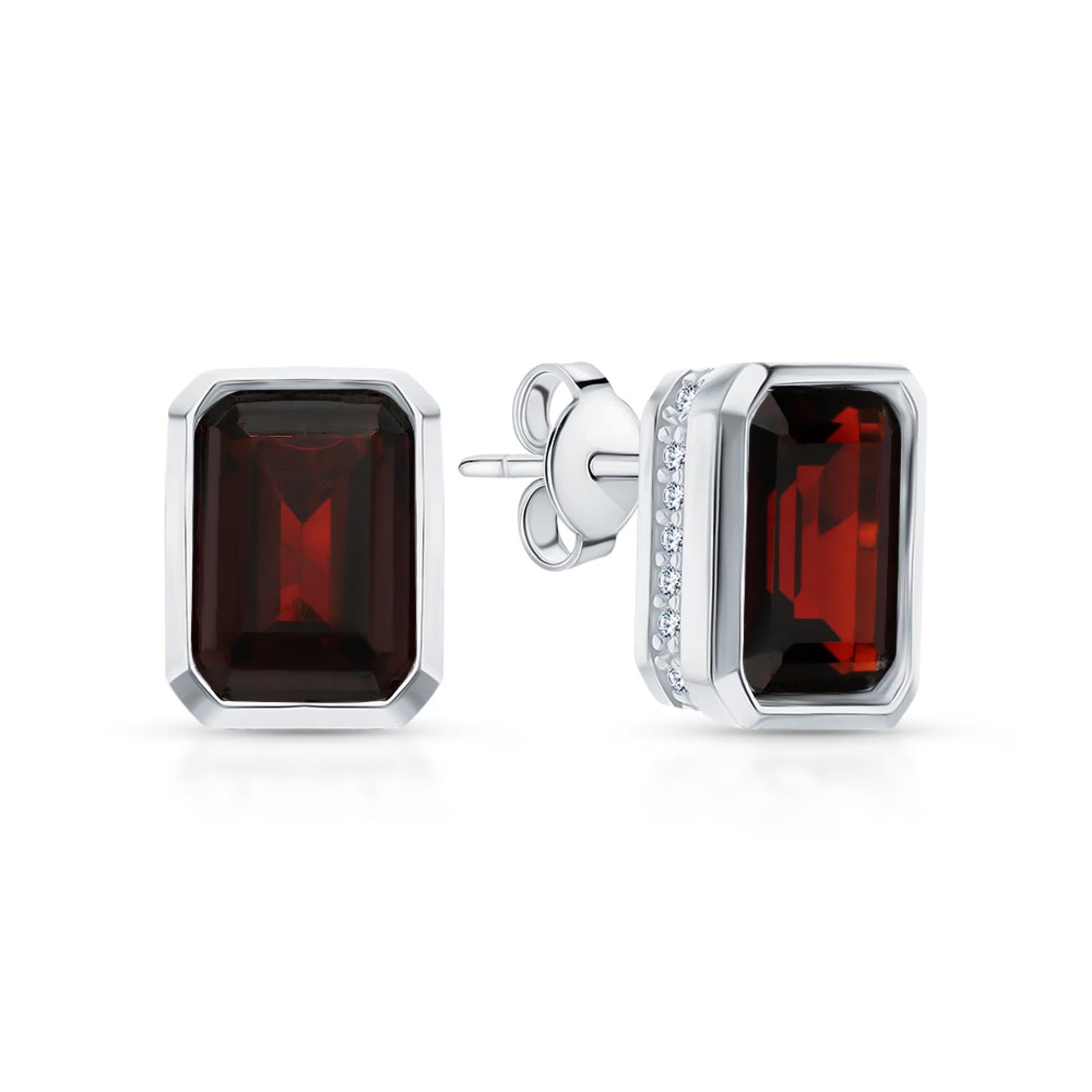 14K Gold Emerald Cut Garnet Stud Earrings | Dainty Red Gemstone Jewelry | Handmade January Birthstone Gift for Her. Cushionblue