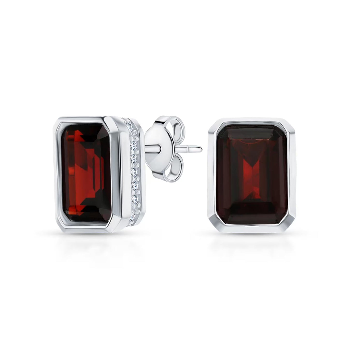14K Gold Emerald Cut Garnet Stud Earrings | Dainty Red Gemstone Jewelry | Handmade January Birthstone Gift for Her. Cushionblue