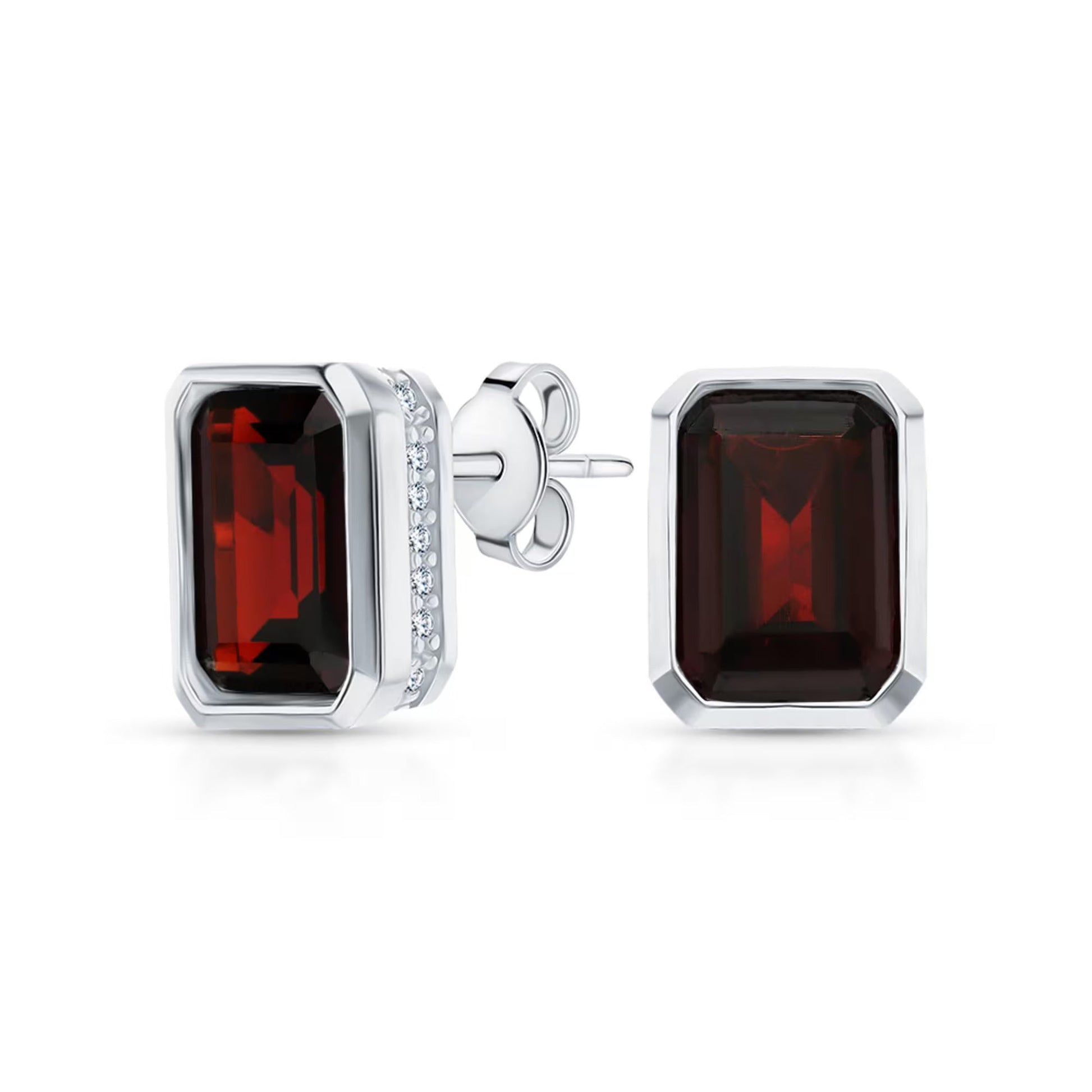14K Gold Emerald Cut Garnet Stud Earrings | Dainty Red Gemstone Jewelry | Handmade January Birthstone Gift for Her. Cushionblue