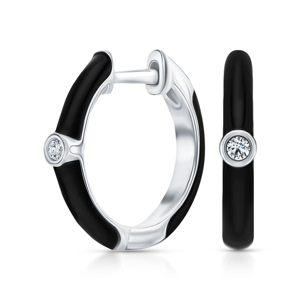 14K Gold Diamond Black Enamel Huggie Earrings | Bezel Set Solitaire Diamond Hoop | Elegant Gift for Her. Cushionblue