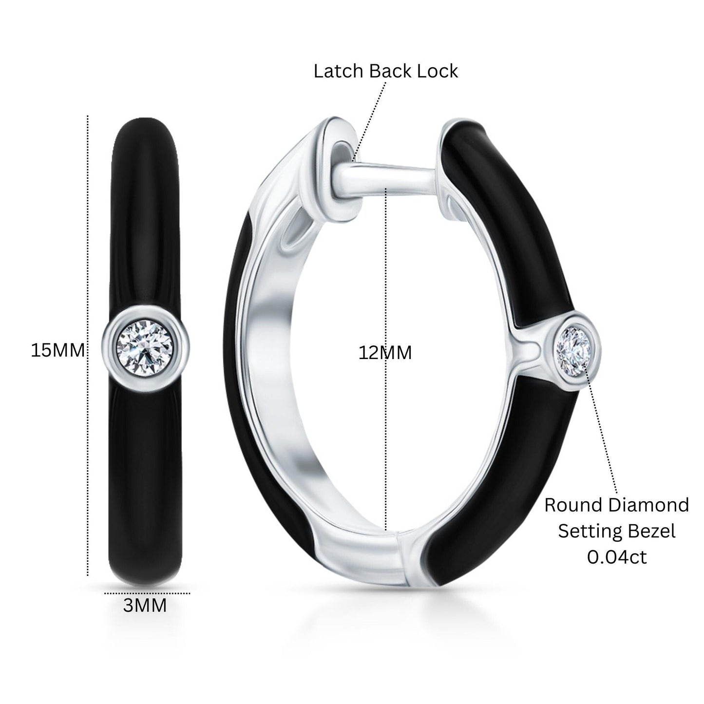 14K Gold Diamond Black Enamel Huggie Earrings | Bezel Set Solitaire Diamond Hoop | Elegant Gift for Her. Cushionblue