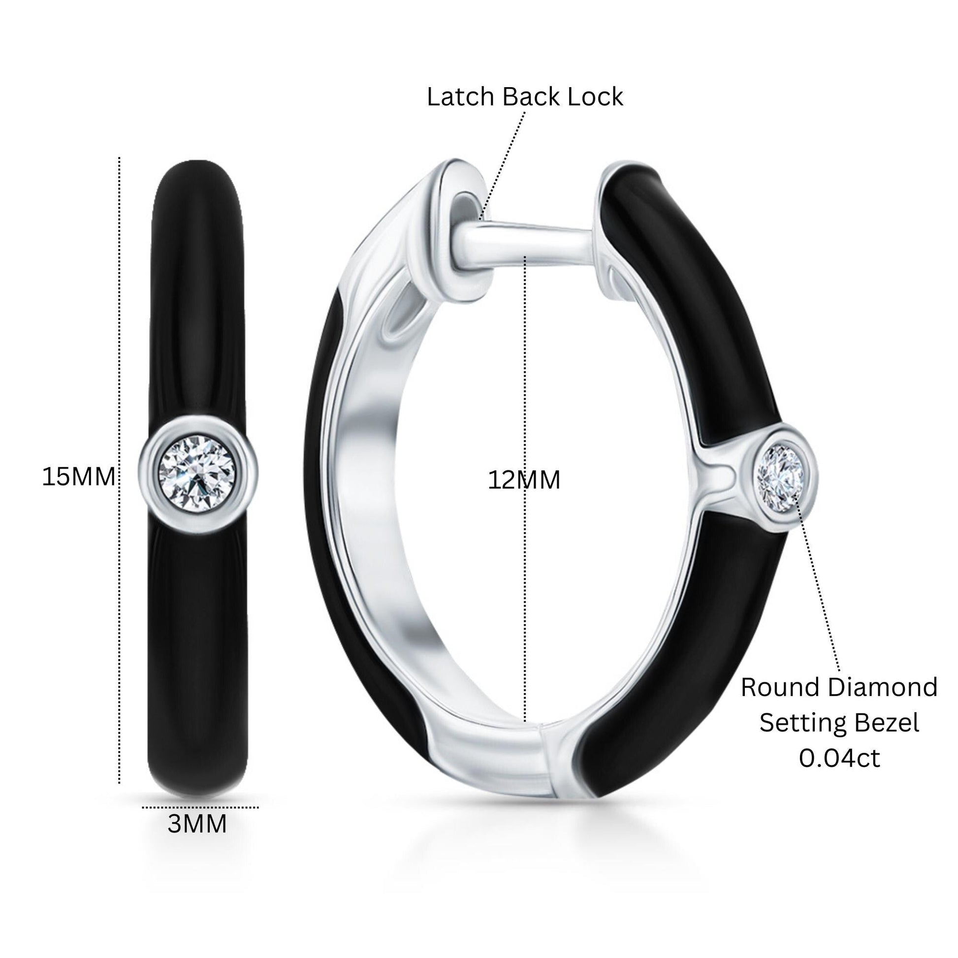 14K Gold Diamond Black Enamel Huggie Earrings | Bezel Set Solitaire Diamond Hoop | Elegant Gift for Her. Cushionblue
