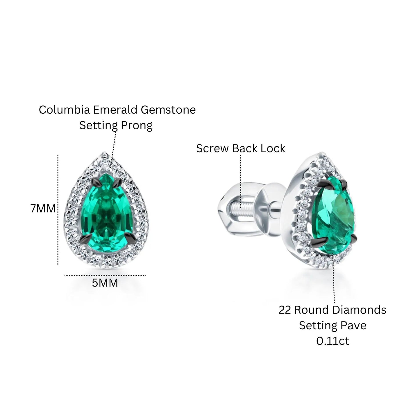 14k Gold Emerald Teardrop Stud Earrings | Pear Shape with Diamond Halo | Pave Diamond Teardrop Stud Gift for Women. Cushionblue