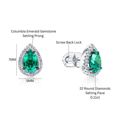 14k Gold Emerald Teardrop Stud Earrings | Pear Shape with Diamond Halo | Pave Diamond Teardrop Stud Gift for Women. Cushionblue