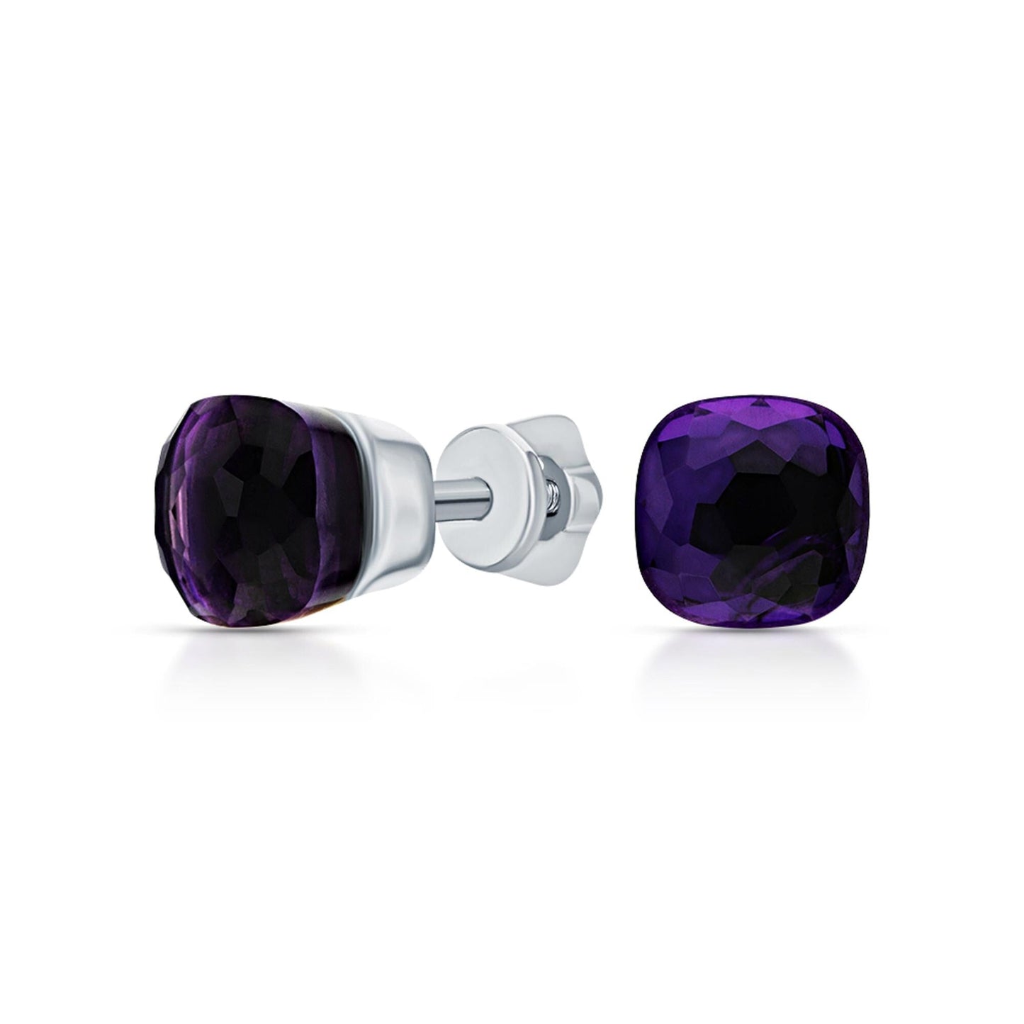 14k Gold Amethyst Cushion Cut Stud Earrings | Purple Bezel Gemstone Birthstone Jewelry Gift for Women. Cushionblue