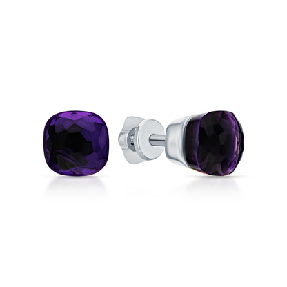 14k Gold Amethyst Cushion Cut Stud Earrings | Purple Bezel Gemstone Birthstone Jewelry Gift for Women. Cushionblue