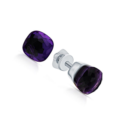 14k Gold Amethyst Cushion Cut Stud Earrings | Purple Bezel Gemstone Birthstone Jewelry Gift for Women. Cushionblue