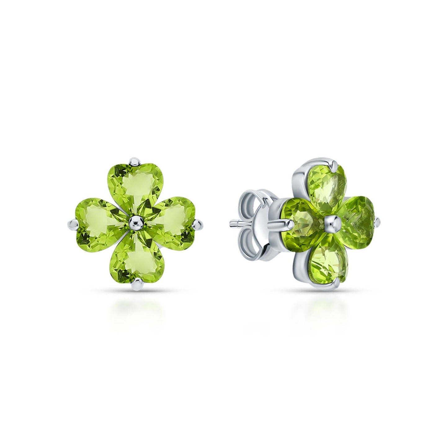 14K Gold Peridot Stud Earrings | Silver Heart Stud | Four Leaf Clover Olivine Earrings | Flower Shape Earring | Jewelry Gift For Her. Cushionblue