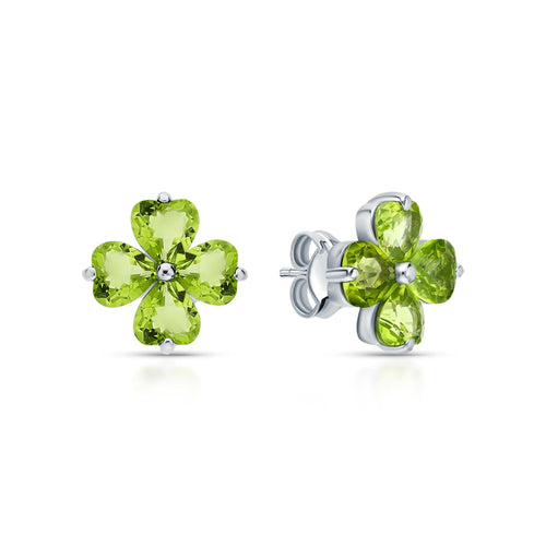 14K Gold Peridot Stud Earrings | Silver Heart Stud | Four Leaf Clover Olivine Earrings | Flower Shape Earring | Jewelry Gift For Her. Cushionblue