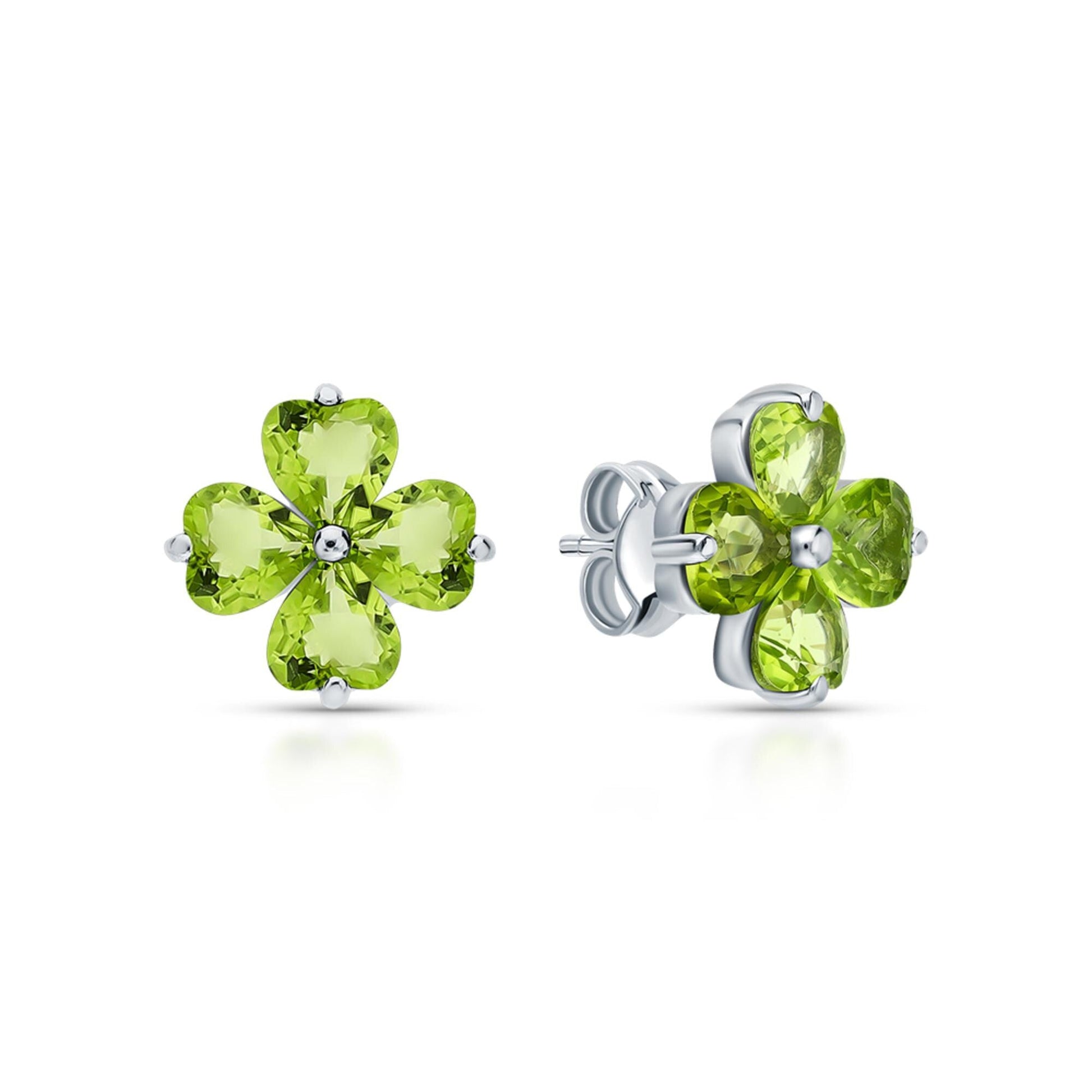 14K Gold Peridot Stud Earrings | Silver Heart Stud | Four Leaf Clover Olivine Earrings | Flower Shape Earring | Jewelry Gift For Her. Cushionblue