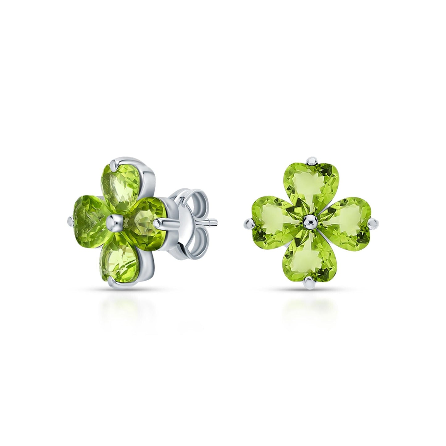 14K Gold Peridot Stud Earrings | Silver Heart Stud | Four Leaf Clover Olivine Earrings | Flower Shape Earring | Jewelry Gift For Her. Cushionblue