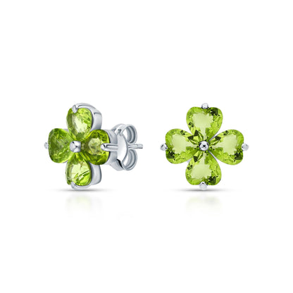 14K Gold Peridot Stud Earrings | Silver Heart Stud | Four Leaf Clover Olivine Earrings | Flower Shape Earring | Jewelry Gift For Her. Cushionblue