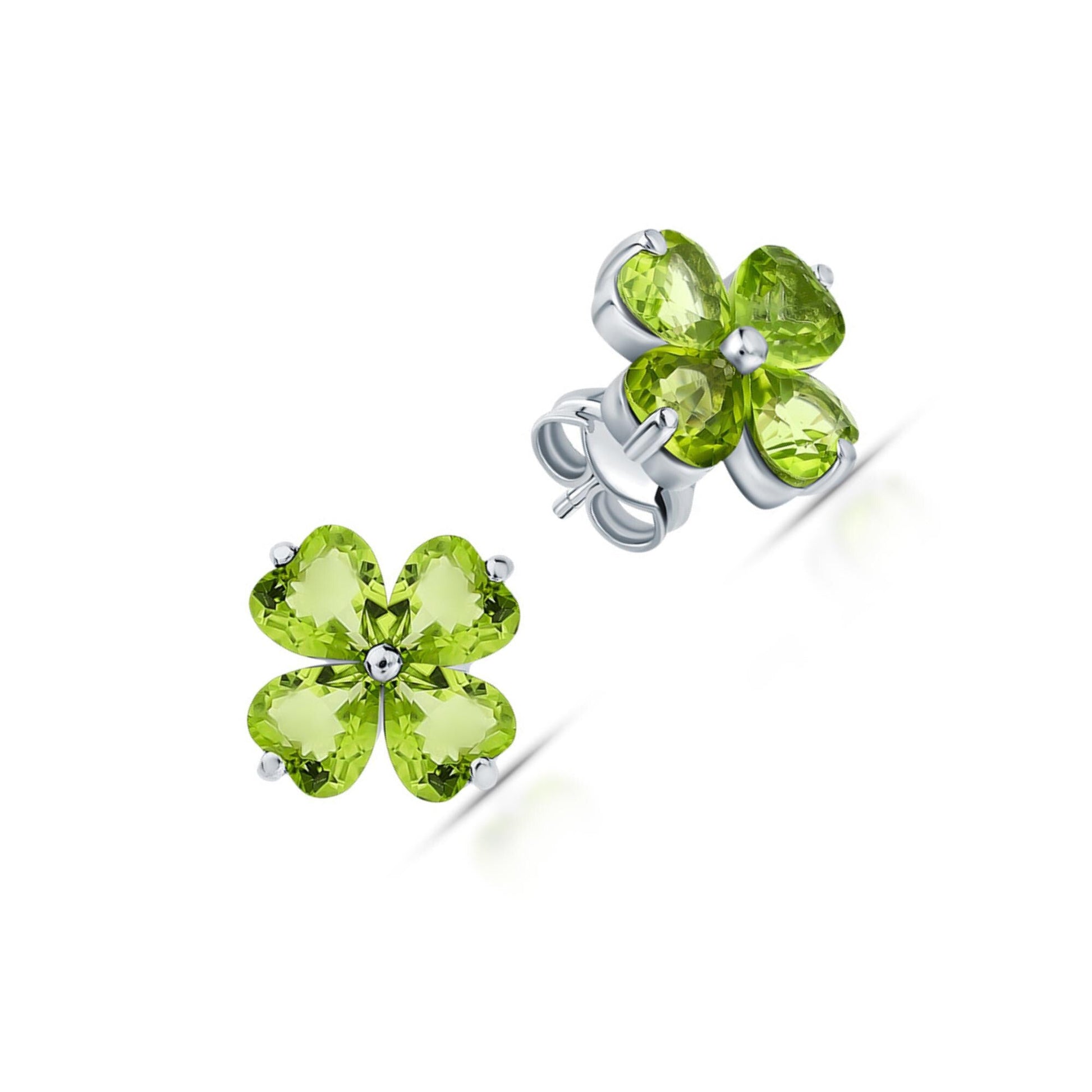 14K Gold Peridot Stud Earrings | Silver Heart Stud | Four Leaf Clover Olivine Earrings | Flower Shape Earring | Jewelry Gift For Her. Cushionblue