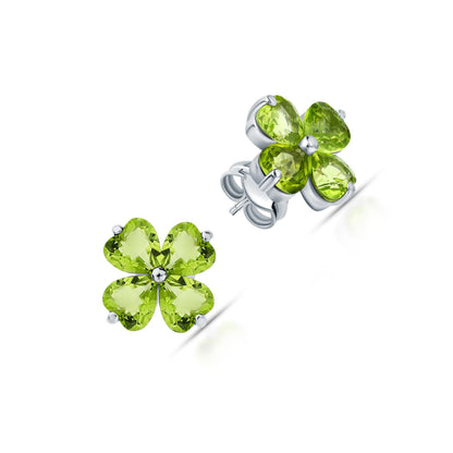 14K Gold Peridot Stud Earrings | Silver Heart Stud | Four Leaf Clover Olivine Earrings | Flower Shape Earring | Jewelry Gift For Her. Cushionblue