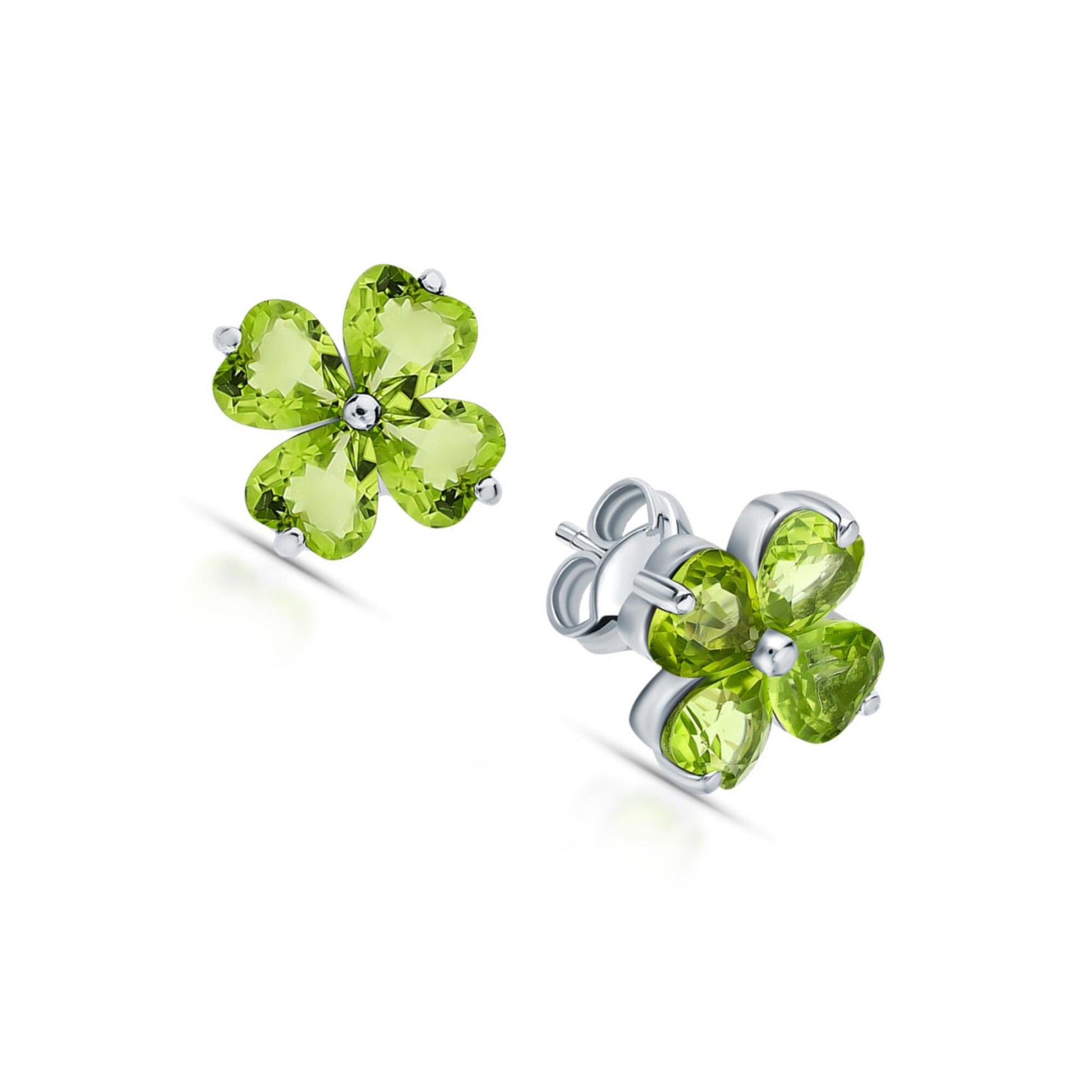 14K Gold Peridot Stud Earrings | Silver Heart Stud | Four Leaf Clover Olivine Earrings | Flower Shape Earring | Jewelry Gift For Her. Cushionblue