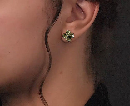 14K Gold Peridot Stud Earrings | Silver Heart Stud | Four Leaf Clover Olivine Earrings | Flower Shape Earring | Jewelry Gift For Her. Cushionblue
