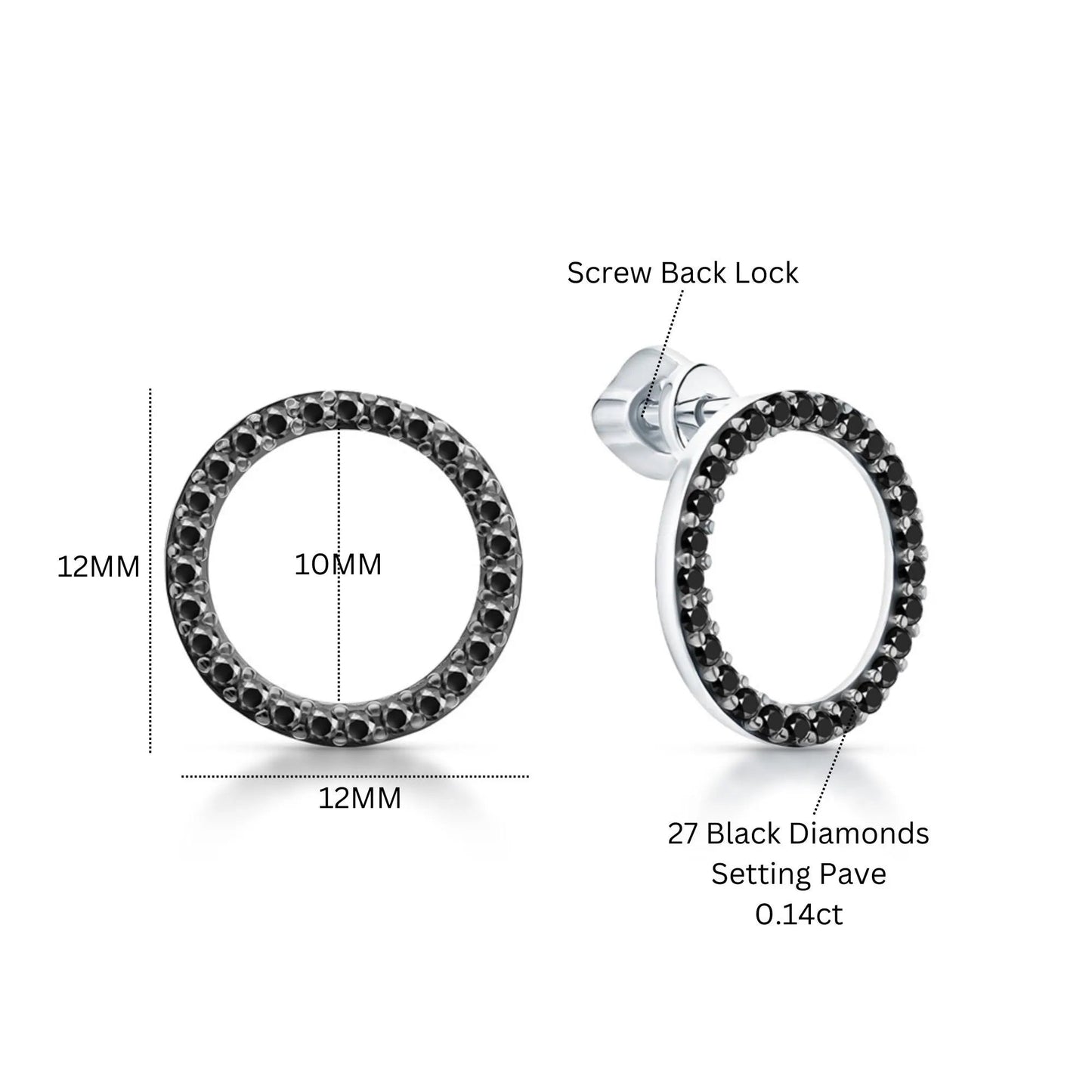 14k Gold Black Diamond Open Circle Stud Earring | Dainty Geometric Jewelry | Modern Gift for Her. Cushionblue