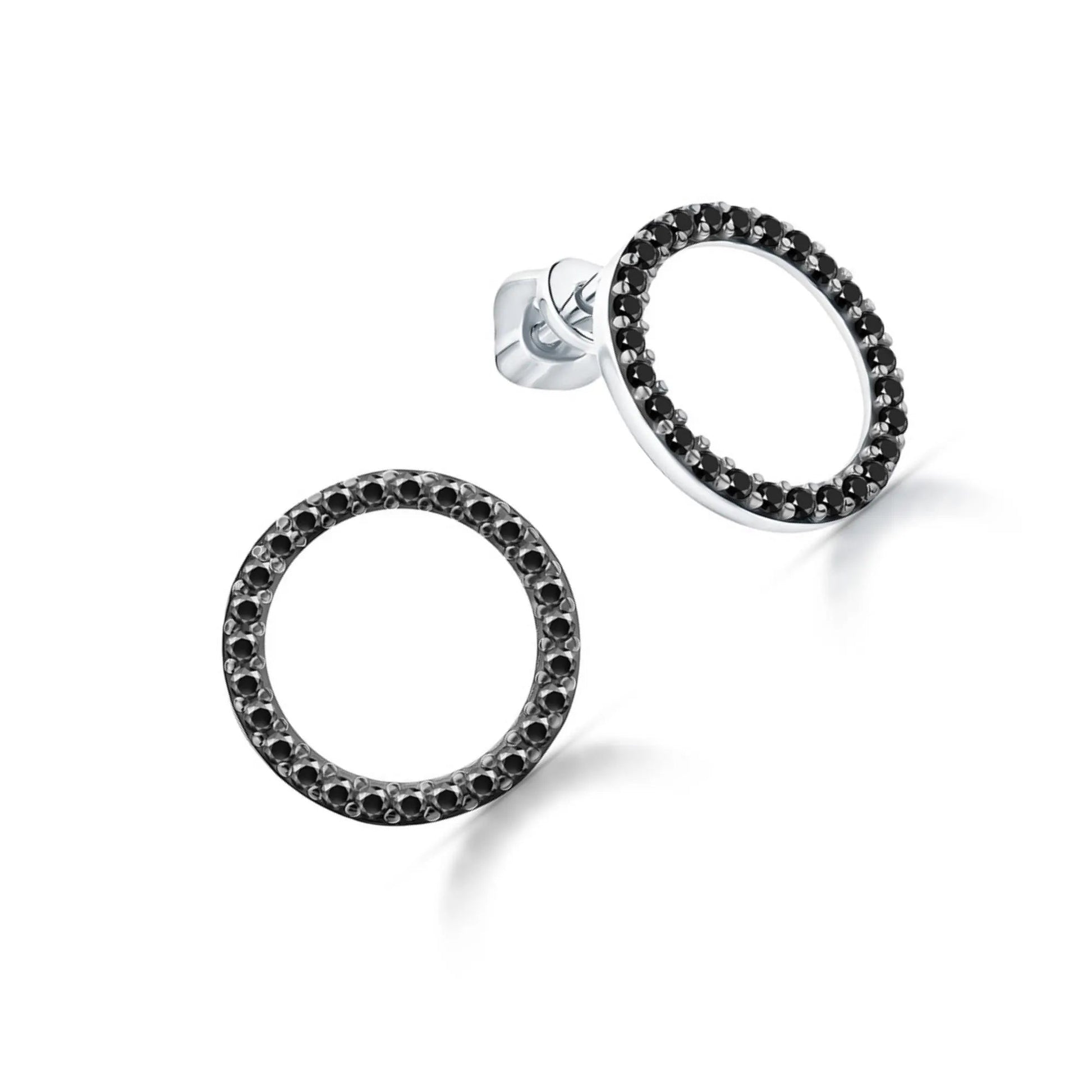 14k Gold Black Diamond Open Circle Stud Earring | Dainty Geometric Jewelry | Modern Gift for Her. Cushionblue